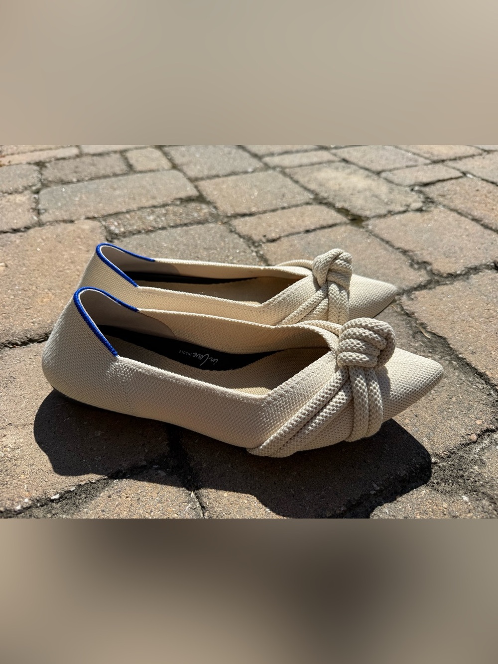 Rothy’s The Knot Point Ivory Cream Knit Flats Blue Trim Size 7.5